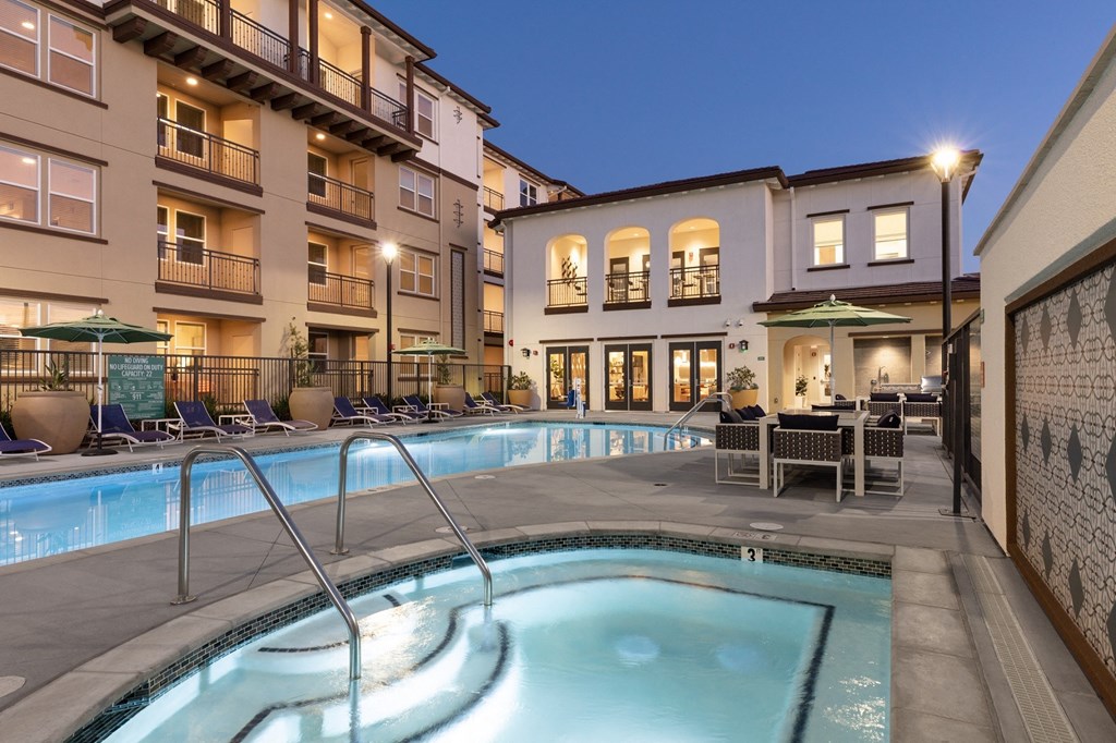 Palmia aged 55+ Luxury Apartments Fremont CA outdoor evening pool and spa