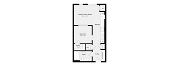 A floor plan of a house with a living/dining room, kitchen, bedroom, bath, and walk-in closet.