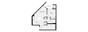 A floor plan of a house with a living room, kitchen, bedroom, bathroom, and entry.