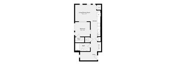 A floor plan of a small apartment with a living/dining room, kitchen, bedroom, bathroom, and entry.