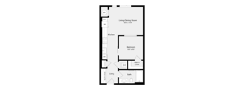 A floor plan of a house with a living/dining room, kitchen, bedroom, bath, entry and walk-in closet.