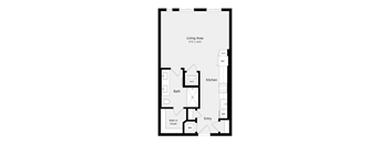 A floor plan of a small apartment with a living area, kitchen, bath, and entry.