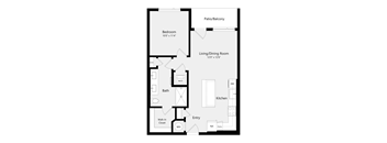 A floor plan of a house with a bedroom, living/dining room, kitchen, bath, and entry.