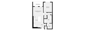 A floor plan of a house with a patio, two bedrooms, a living/dining room, kitchen, bathroom, and a walk-in closet.