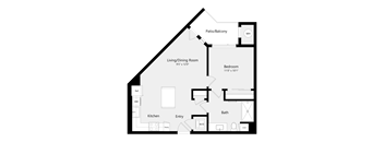 A floor plan of a house with a living room, dining room, kitchen, bathroom, and bedroom.
