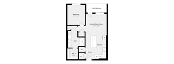 A floor plan of a house with a bedroom, living/dining room, kitchen, bath, and closet.