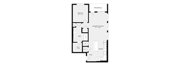 A floor plan of a house with a bedroom, bathroom, living/dining room, kitchen, and entry.
