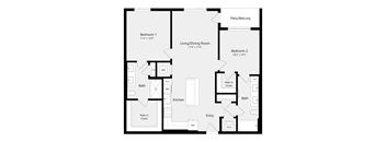 A floor plan of a house with two bedrooms, a living room, a kitchen, a bath, and a patio/balcony.