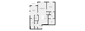 A floor plan of a house with two bedrooms, a living area, a kitchen, and bathrooms.
