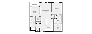 A floor plan of a house with two bathrooms, two bedrooms, a living room, a kitchen, and a patio/balcony.