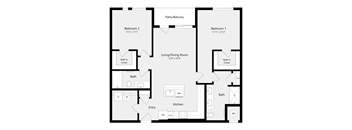 A floor plan of a house with two bedrooms, a living room, a kitchen, a bath, and a patio/balcony.