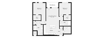 A floor plan of a house with two bedrooms, a living room, a kitchen, a bath, and a patio/balcony.