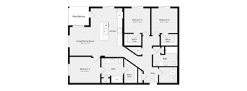 A floor plan of a house with three bedrooms, a living room, a kitchen, a bath, and a patio/balcony.