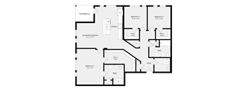 A floor plan of a house with three bedrooms, a living room, a kitchen, a bathroom, and an entry.