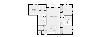 A floor plan of a house with three bedrooms and a living/dining room.