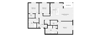 A floor plan of a house with three bedrooms, a living room, a kitchen, a bath, and a walk-in closet.