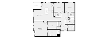 A floor plan of a house with three bedrooms, a living room, a kitchen, a bathroom, and a patio/balcony.