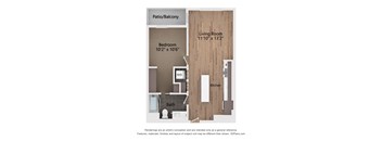A floor plan of a small apartment with a bedroom, bathroom, kitchen, living room, and a patio/balcony.