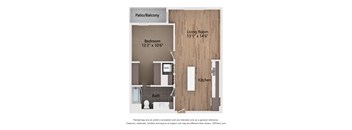 A floor plan of a small apartment with a bedroom, bathroom, and kitchen.