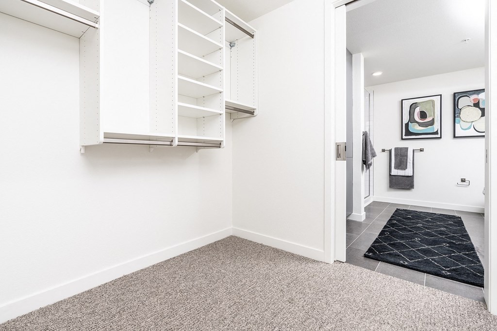 a bedroom with a medium sized bed and a closet with white cabinets