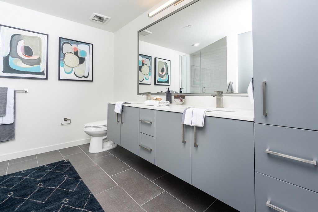 a bathroom with gray cabinets and a black and white rug