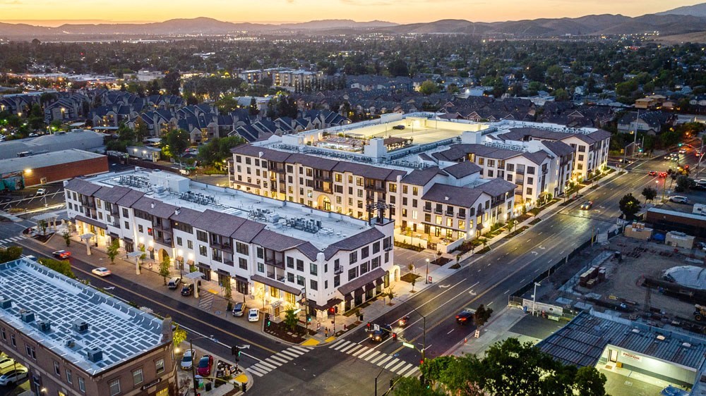 community aerial at dusk