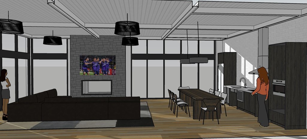 A drawing of a living room with a couch, table, chairs, and a television.