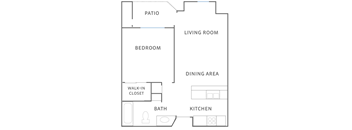 A floor plan of a house with a patio, bedroom, living room, dining area, kitchen, walk-in closet, and bath.