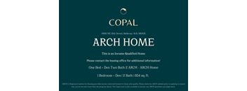 A poster advertising an income qualified home with one bedroom and two bathrooms.