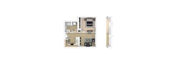 A floor plan of a house with a kitchen, living room, and two bedrooms.