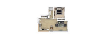A 3D floor plan of a house with a kitchen, living room, and bathroom.