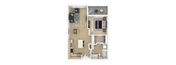 A top down view of a small apartment with a kitchen, living room, and bedroom.