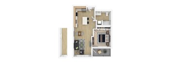 A top down view of a small apartment with a kitchen, living room and bathroom.