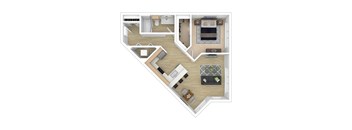 A top-down view of a house layout with a kitchen, living room, and bedrooms.