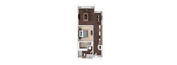 A top-down view of a small apartment with a bedroom, living room, and kitchen.