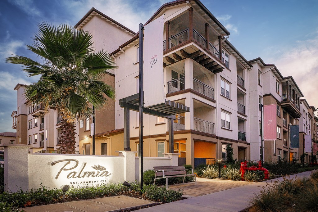 a building with a palm tree in front of it