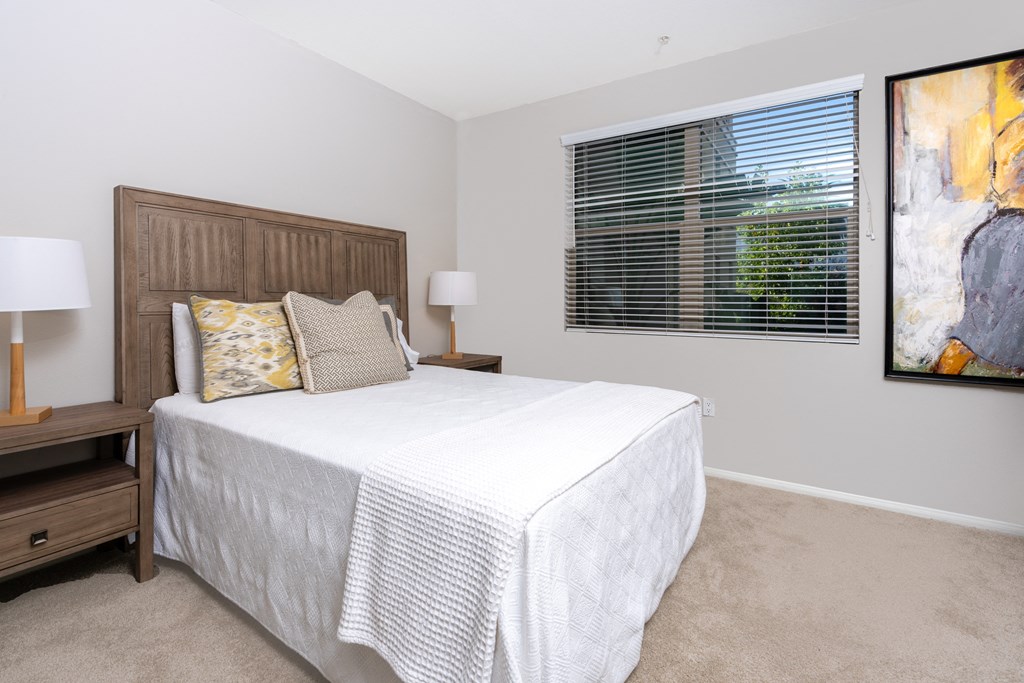 a bedroom with a large bed and a window