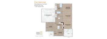 A Centennial floor plan shows a three bedroom, two bathroom layout.