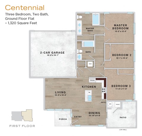 A Centennial floor plan shows a three bedroom, two bathroom layout.
