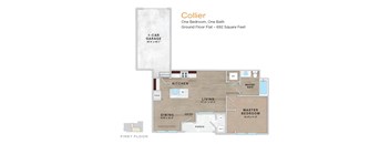 A floor plan of a one bedroom, one bath apartment with a garage.