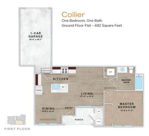 A floor plan of a one bedroom, one bath apartment with a garage.