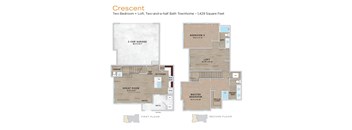 A floor plan of a two bedroom, loft, two and a half bath townhome.