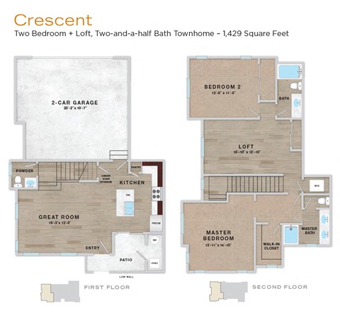 A floor plan of a two bedroom, loft, two and a half bath townhome.