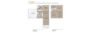 A floor plan of a two bedroom, two bath townhouse with a loft.