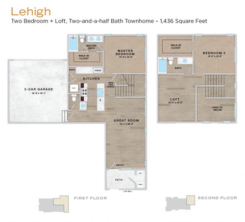 A floor plan of a two bedroom, two bath townhouse with a loft.