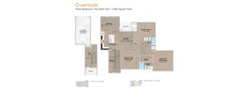 A floor plan of a three bedroom, two bath flat with a porch.