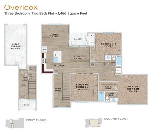 A floor plan of a three bedroom, two bath flat with a porch.