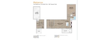 A floor plan for a one bedroom, one bath flat that is 867 square feet.
