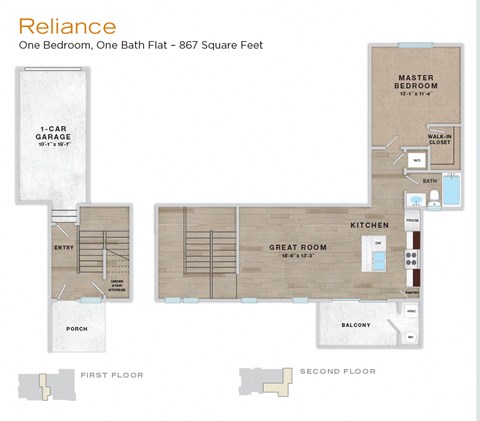 A floor plan for a one bedroom, one bath flat that is 867 square feet.