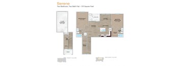 A floor plan of a two bedroom, two bath flat with a garage.